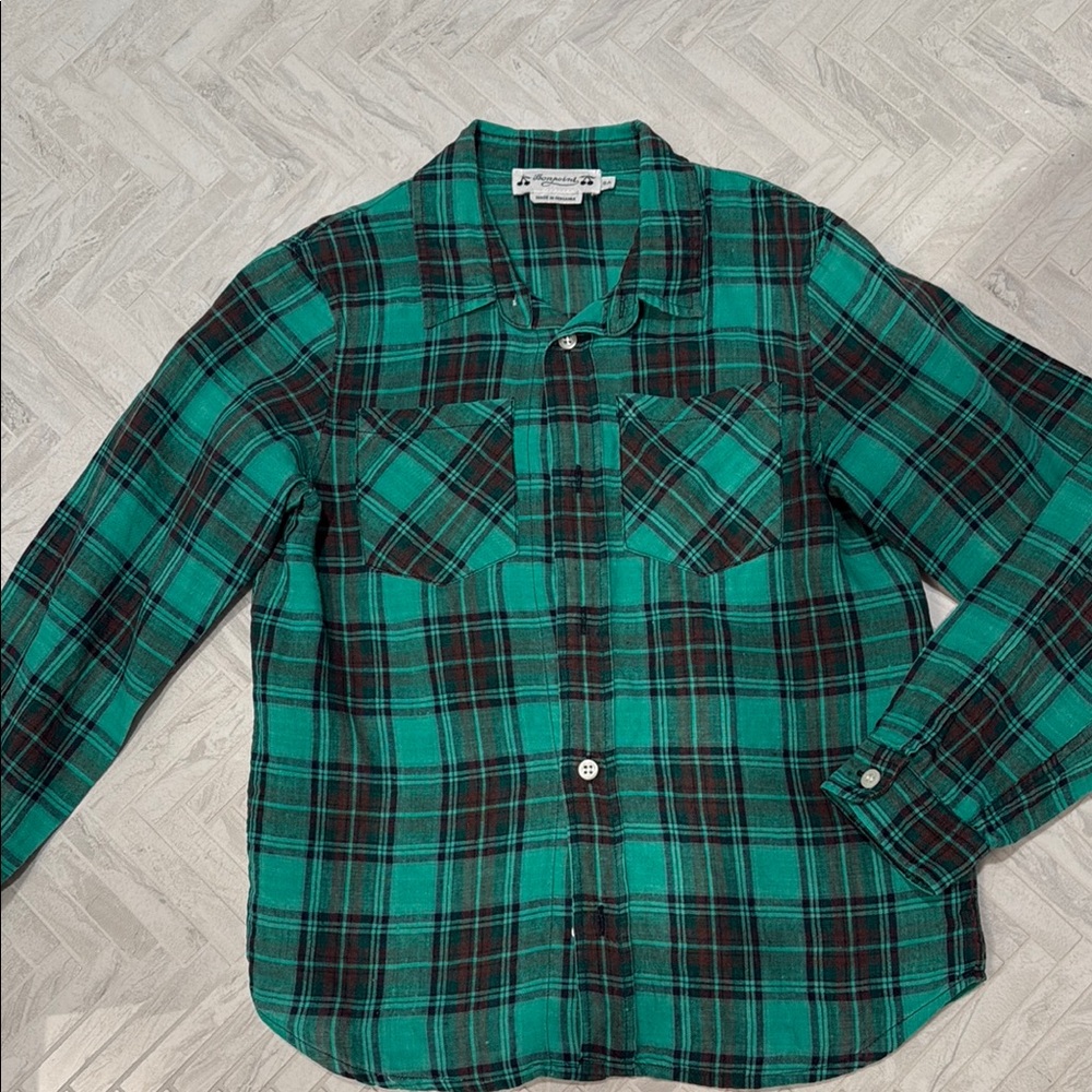 Bonpoint Linen Green Plaid Button down Shirt, size 8 - Picture 2 of 5
